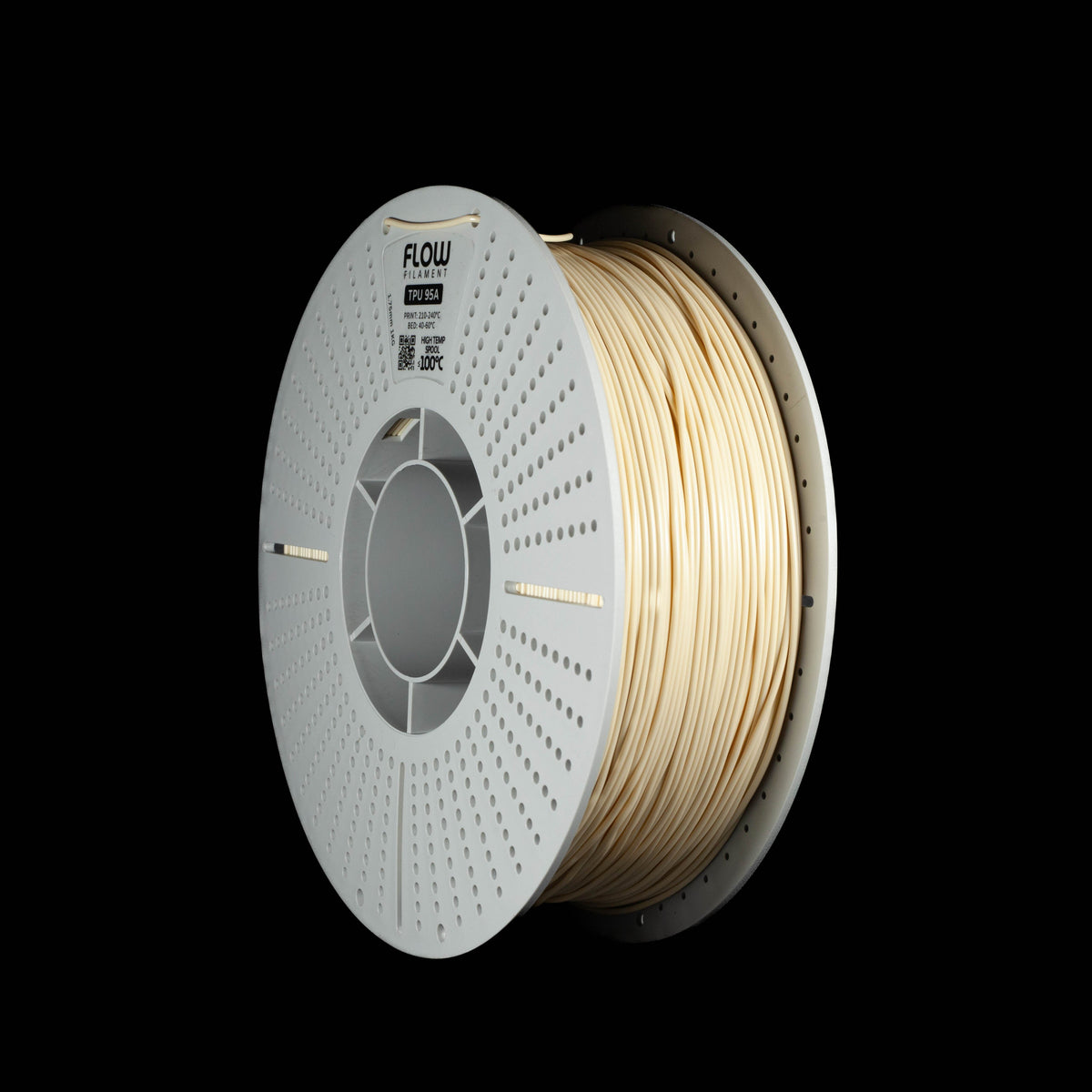 A spool of 3D printing filament wound on a white perforated spool, shown against a solid black background. The filament itself is a beigh color.