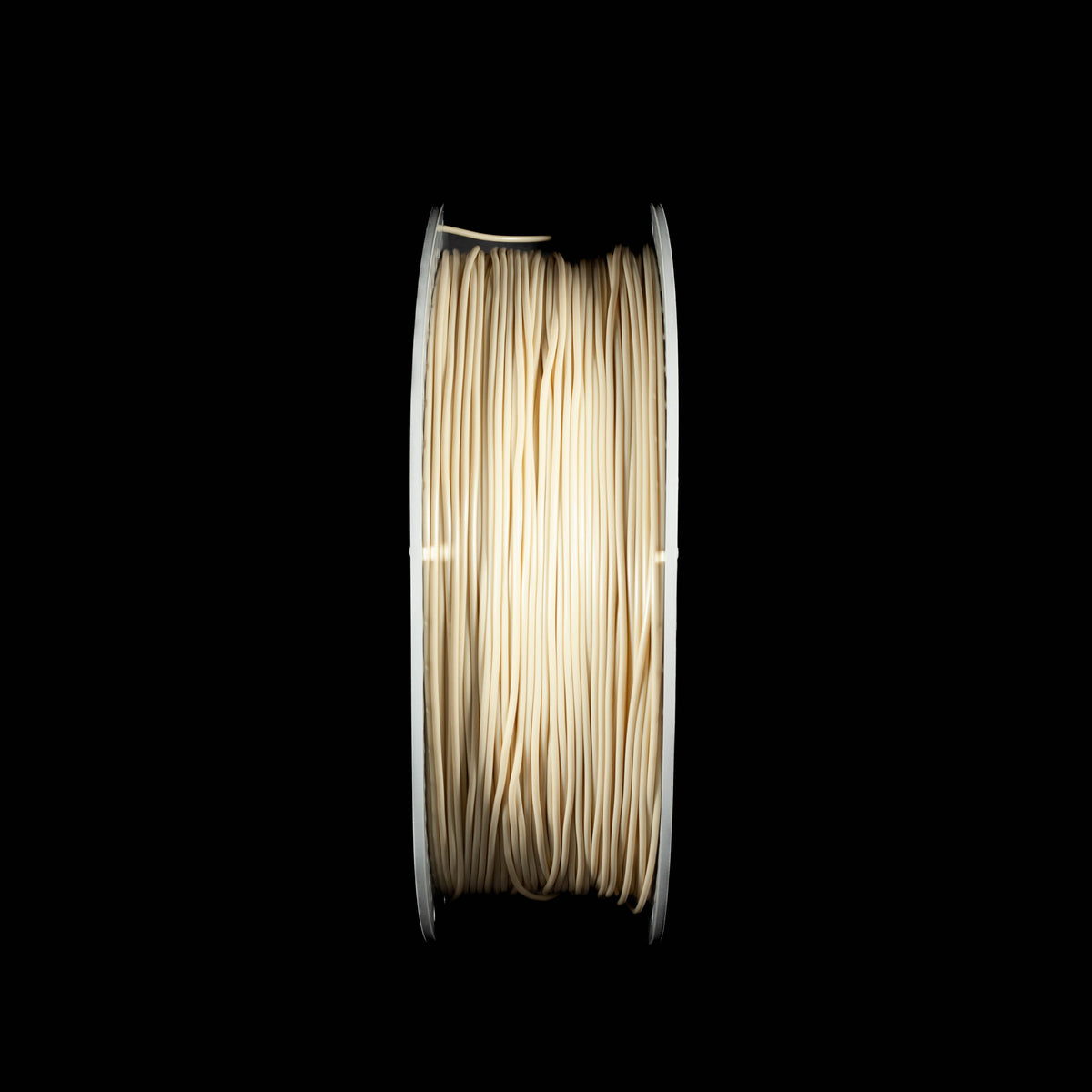 A spool of beigh coloured 3D printing filament wound on a white spool, shown against a solid black background.
