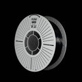 A spool of black 3D printer filament in black colour on a solid black background. The spool has a white outer rim with a circular vented pattern, with the brand name 'FLOW' printed on the spool.