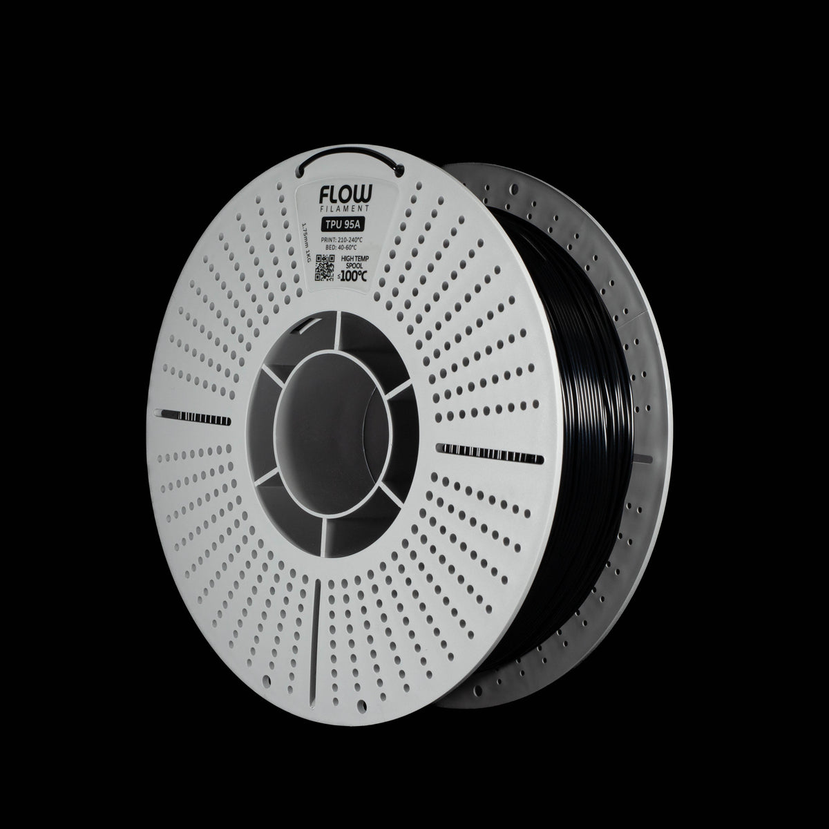 A spool of black 3D printer filament in black colour on a solid black background. The spool has a white outer rim with a circular vented pattern, with the brand name 'FLOW' printed on the spool.