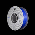 A spool of fluorescent blue 3D printer filament on a black background, featuring a white perforated spool with the brand name FLOW visible.