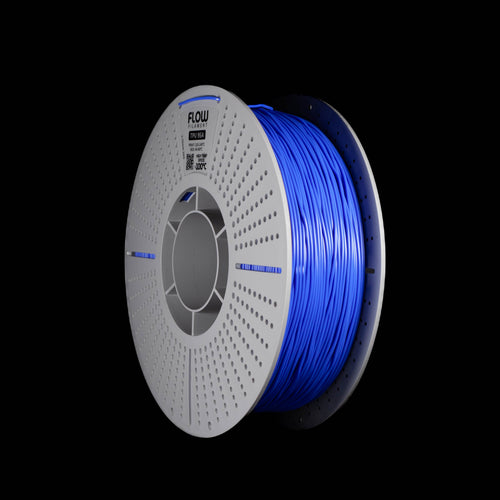 A spool of bright fluorescent blue 3D printing filament wound on a white perforated spool, shown against a solid black background.