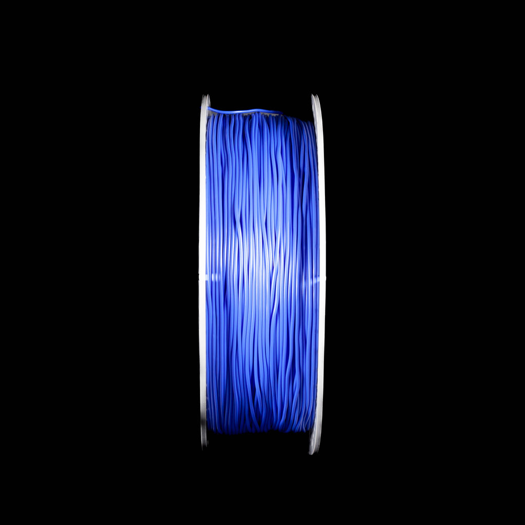 A spool of vibrant fluorescent blue 3D printing filament, shown vertically against a solid black background.