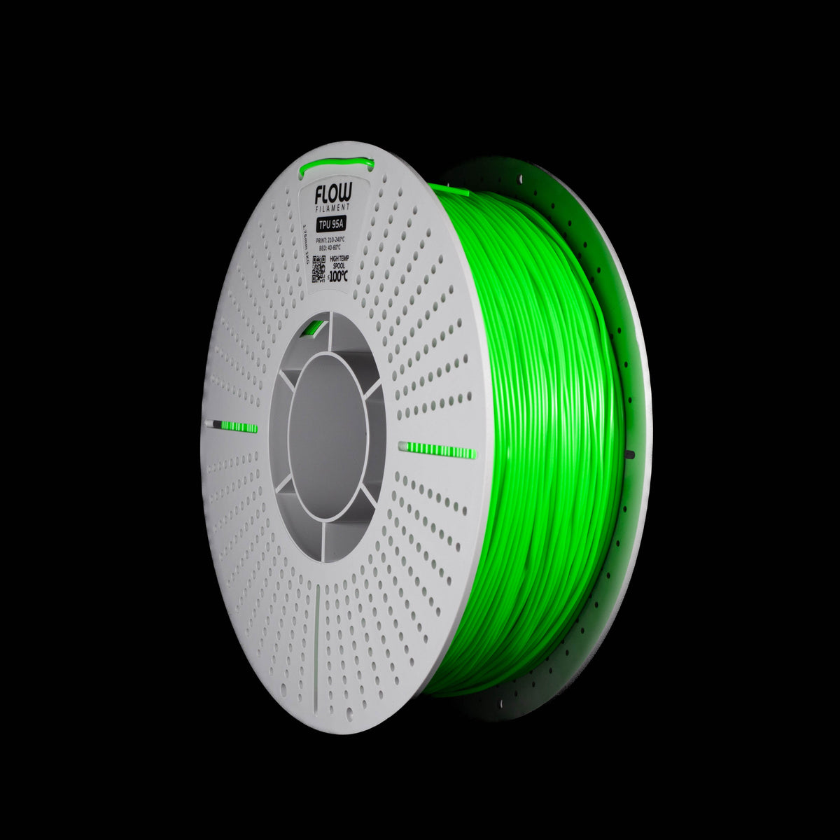 A spool of fluorescent bright green 3D printer filament on a black background, with the brand name FLOW visible on the top of the spool.