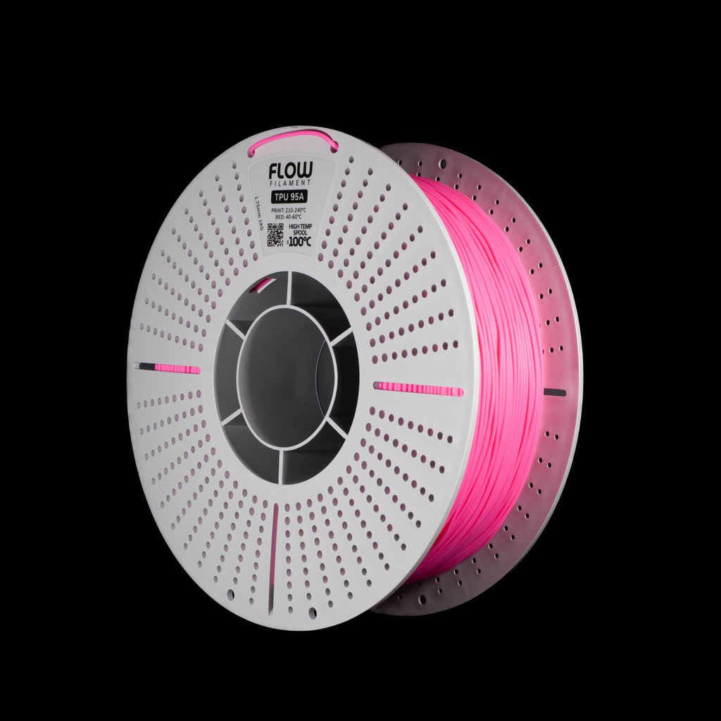 A spool of fluorescent rose red 3D printing filament on a black background. The spool is white with a circular design and features the brand name 'FLOW' printed on the top.