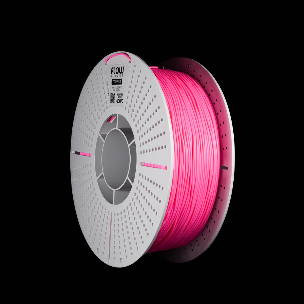 A spool of fluorescent rose red 3D printing filament on a black background. The spool is white with a circular design and features the brand name 'FLOW' printed on the top.
