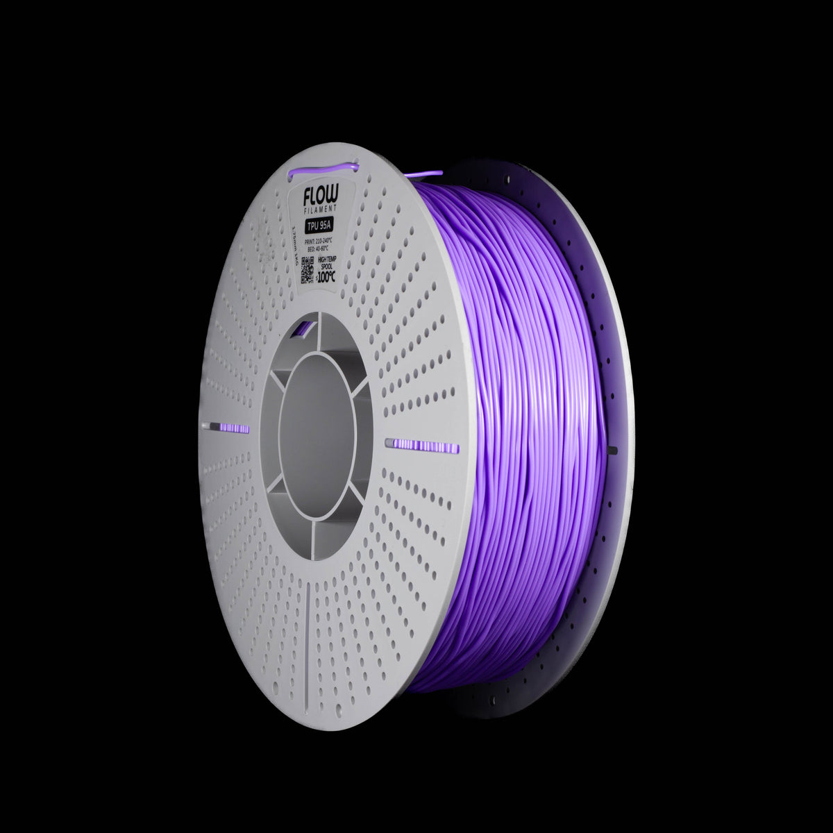 A spool of fluorescent purple 3D printer filament on a black background, with the brand name FLOW visible on the top of the white preforated spool.