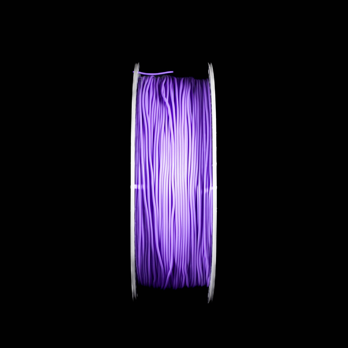 A spool of 3D printing filament wound tightly, showing a vibrant fluorescent purple color, isolated on a solid black background.