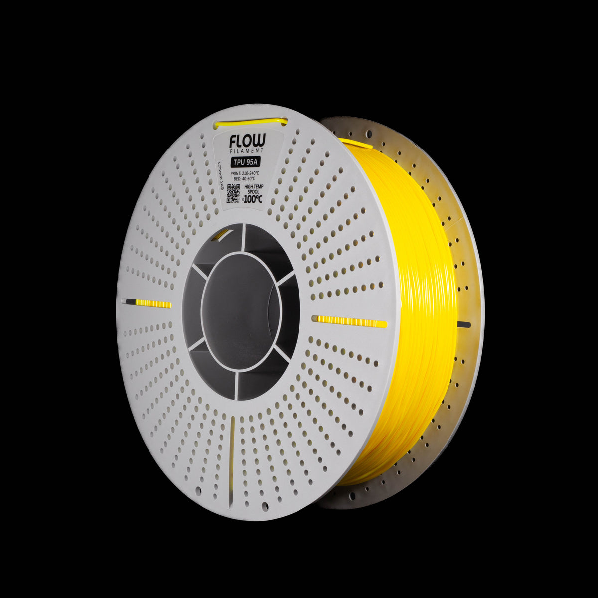 A spool of fluoscent bright yellow 3D printer filament on a black background, featuring a white perforated spool with the FLOW brand name printed on it.