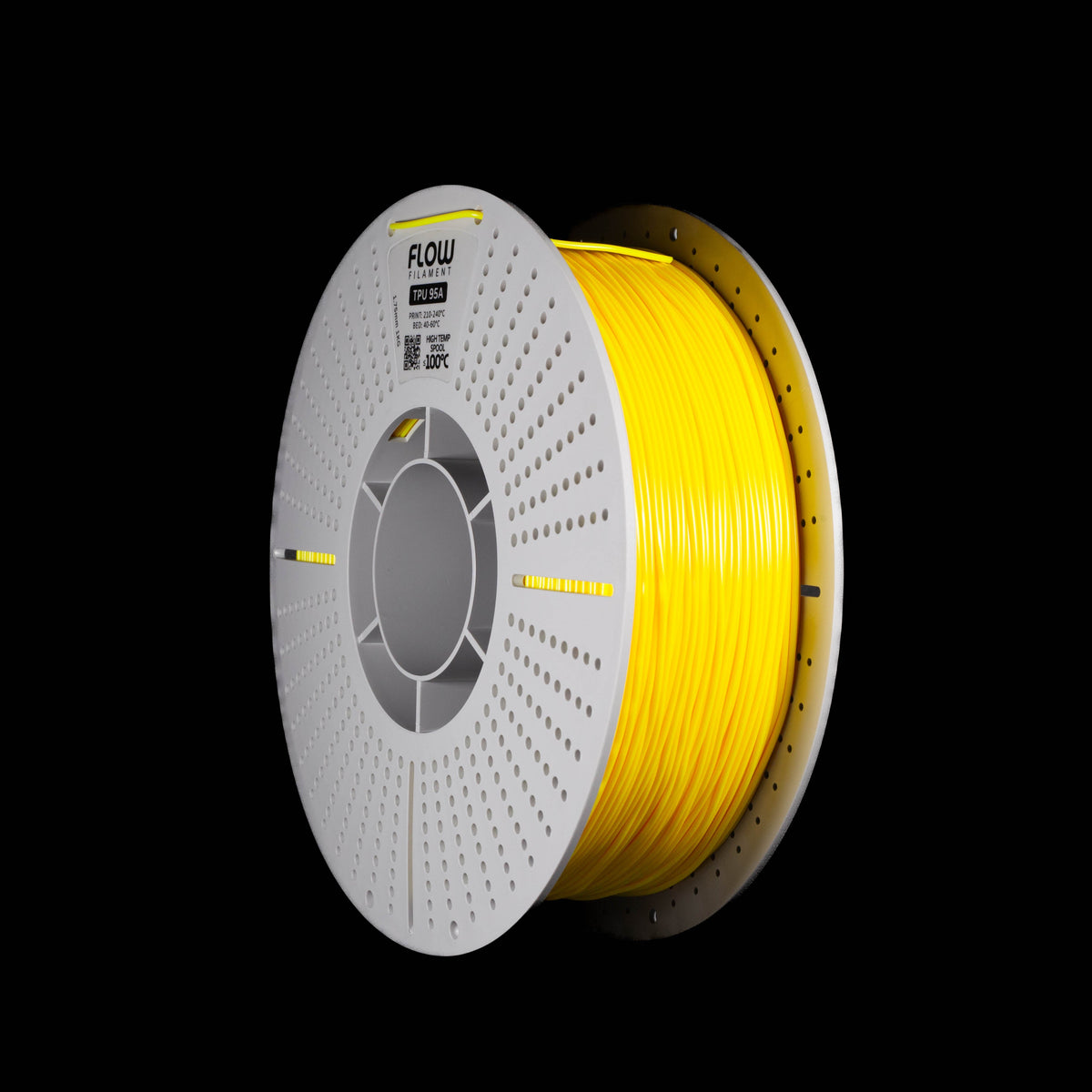A spool of fluoscent bright yellow 3D printing filament wound on a white perforateed spool, shown against a solid black background. The brand name 'LOW' is visible on the top of the spool.