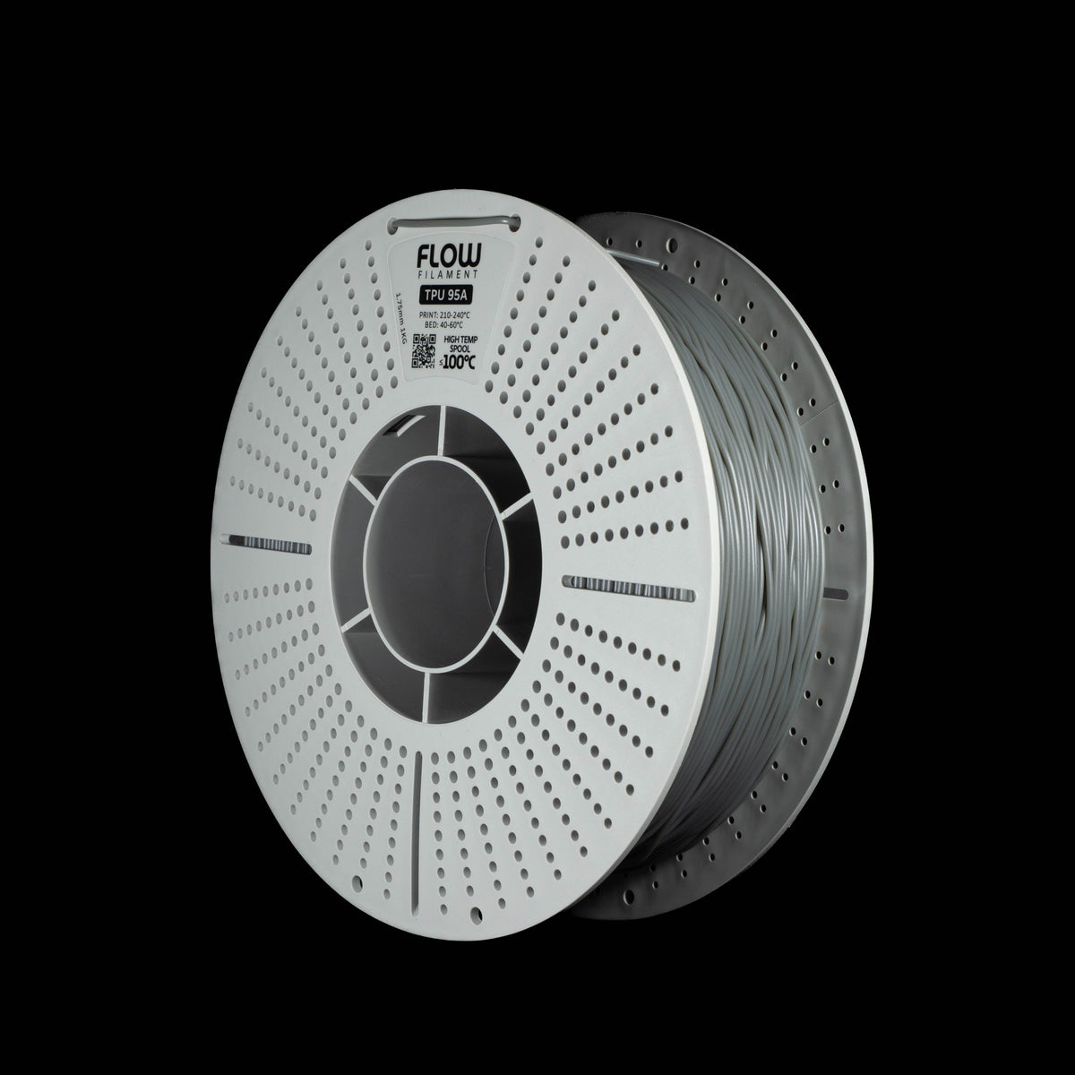 A spool of grey 3D printer filament on a black background, featuring the FLOW brand logo printed on the top.