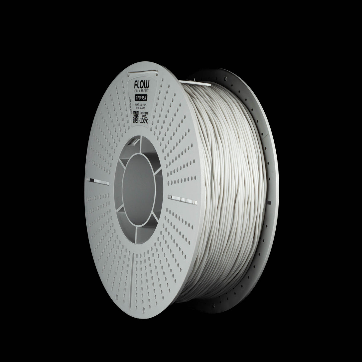 A spool of light grey 3D printing filament, shown at a three-quarter angle against a solid black background. The spool is white with a visible brand logo 'FLOW' on the top left.