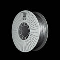 A spool of metaliic silver 3D printer filament on a black background, featuring the FLOW brand logo printed on the top.