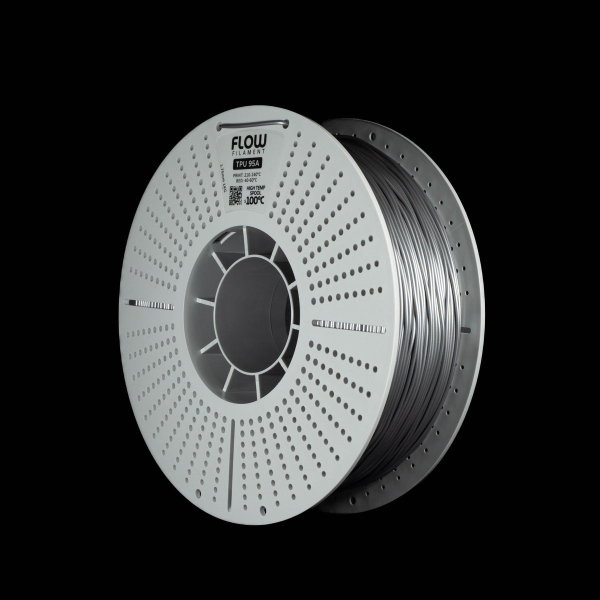 A spool of metaliic silver 3D printer filament on a black background, featuring the FLOW brand logo printed on the top.
