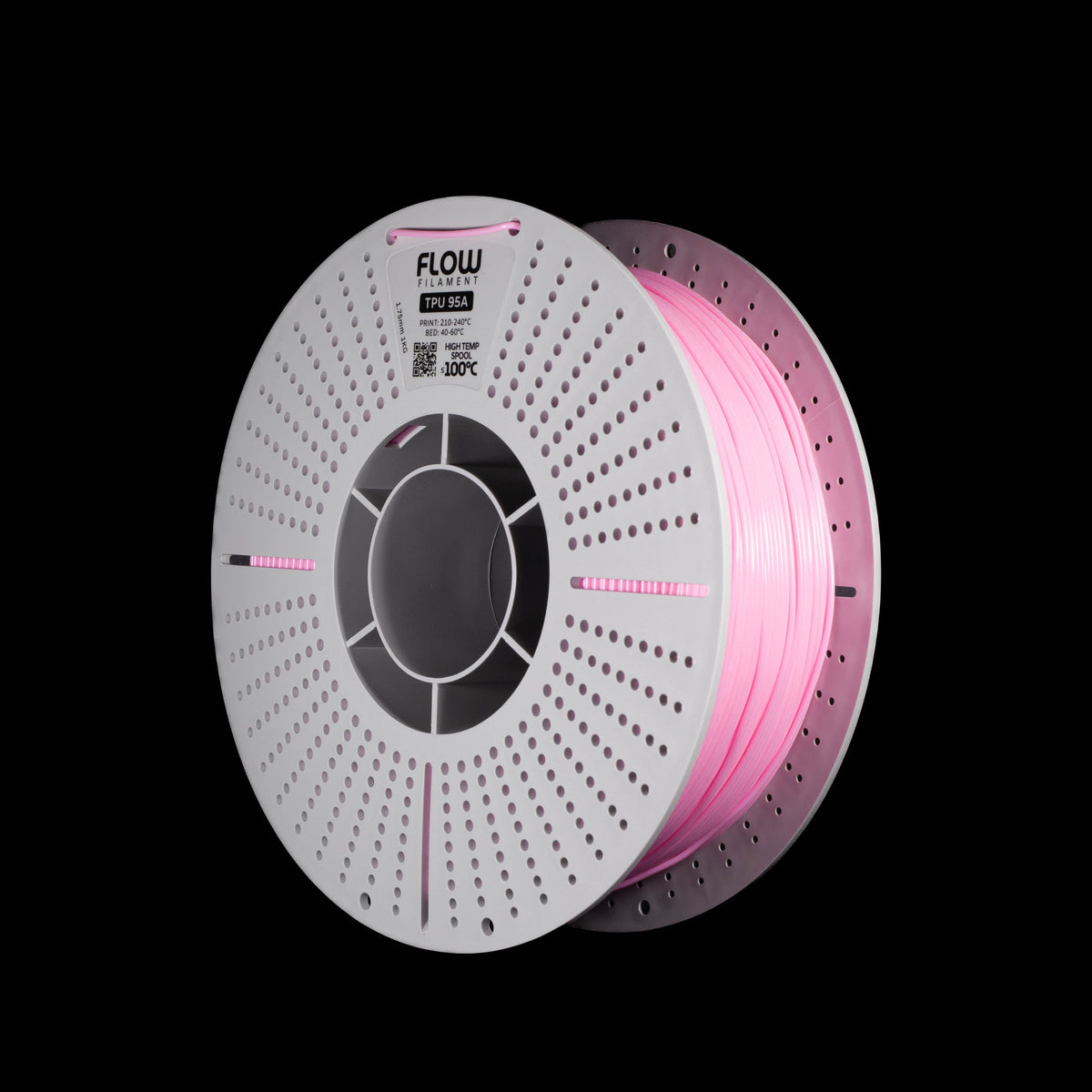 A spool of pink 3D printer filament on a black background, with the FLOW brand name visible on the top of the perforated spool.