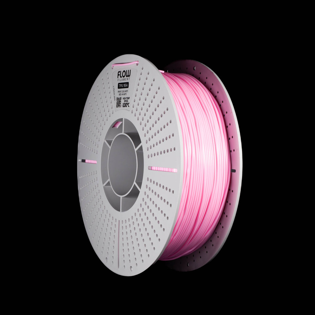 A spool of pink 3D printing filament on a white spool, shown against a solid black background. The brand name 'FLOW' is visible on the top of the spool.