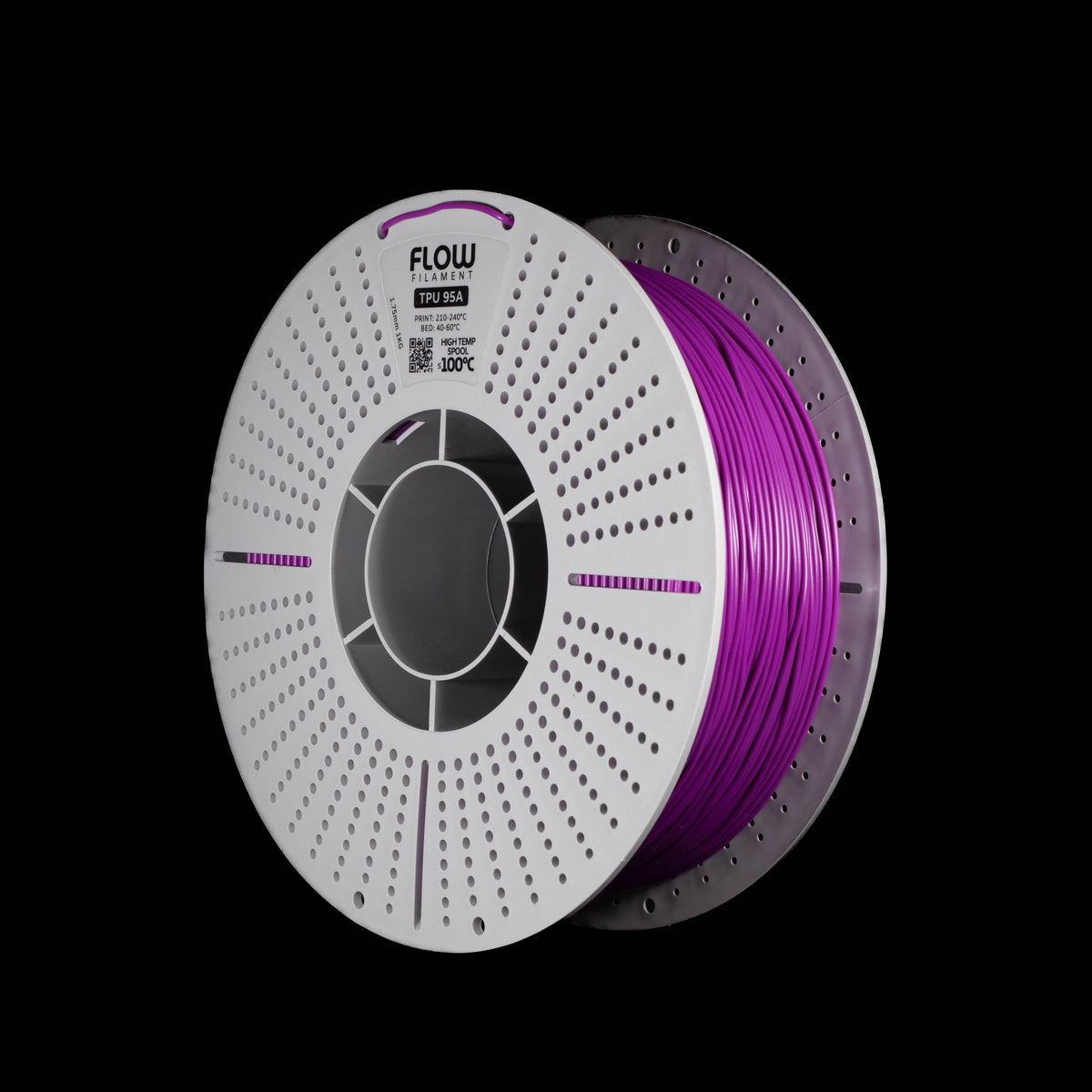 A spool of purple 3D printer filament on a black background, with the brand name FLOW visible on the top of the spool.