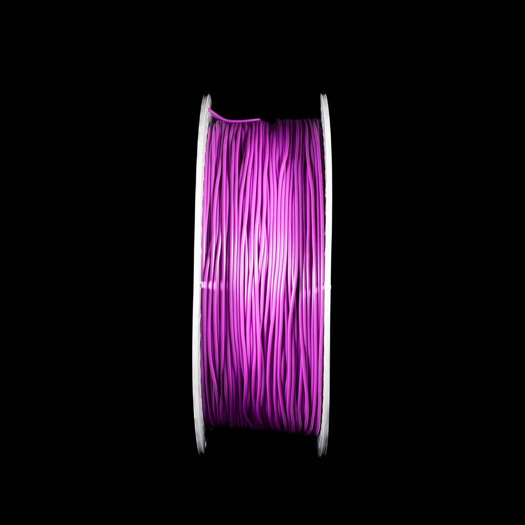 A spool of vibrant purple 3D printing filament, shown vertically against a solid black background.