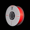 A spool of 3D printer filament in red colour on a solid black background. The spool has a white outer rim with a circular vented pattern, with the brand name 'FLOW' printed on the spool.