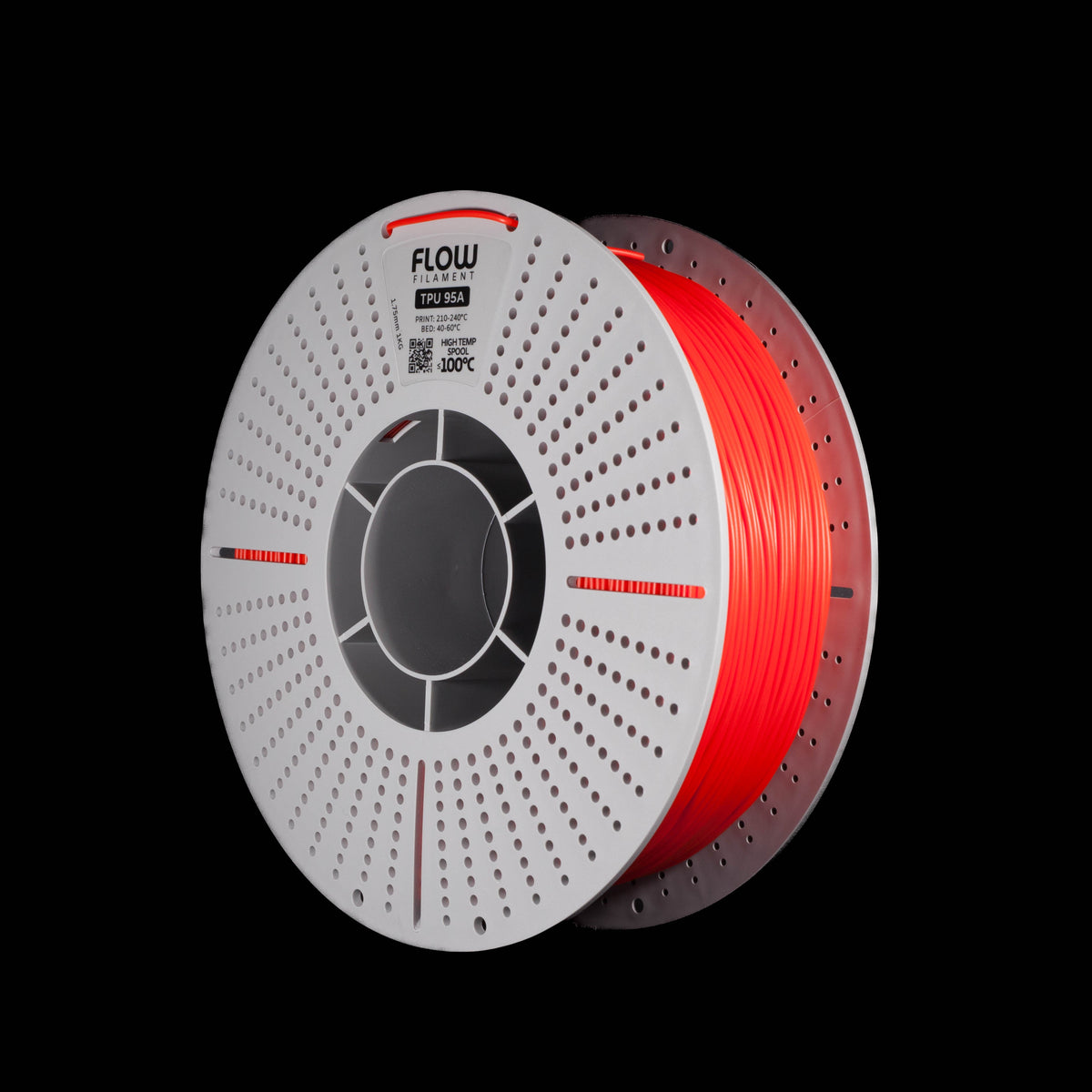 A spool of 3D printer filament in red colour on a solid black background. The spool has a white outer rim with a circular vented pattern, with the brand name 'FLOW' printed on the spool.