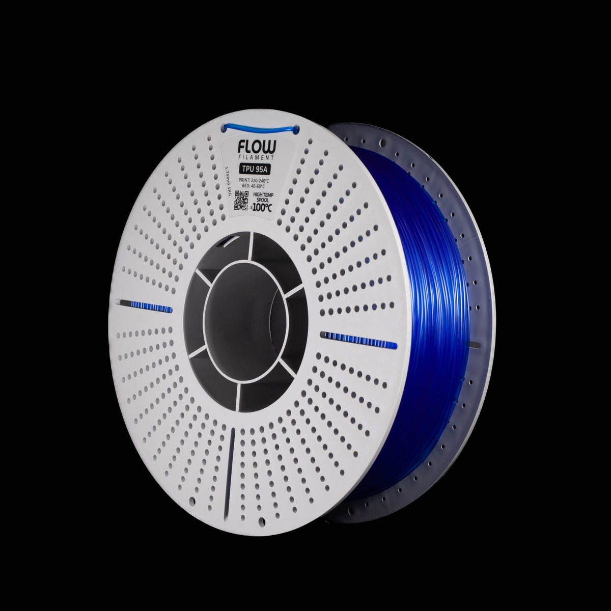 A spool of translucent blue 3D printer filament on a black background, featuring a white perforated spool with the brand named FLOW.