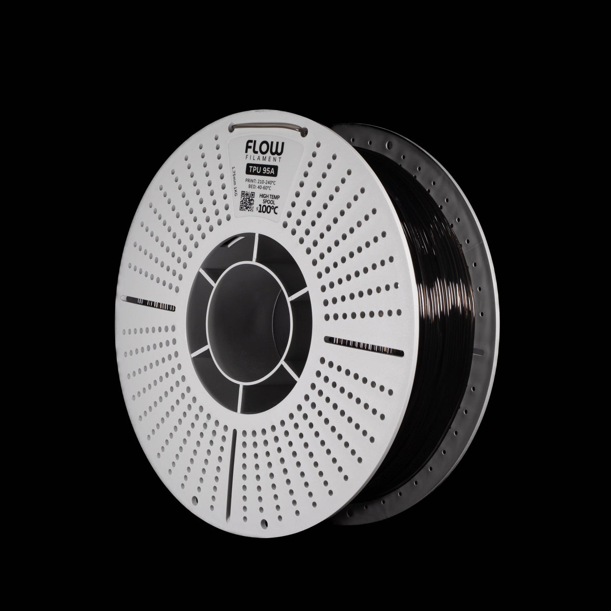 A spool of translucent grey 3D printing filament with a white perforated spool, shown against a solid black background. The brand name 'FLOW' is visible on the top of the spool.