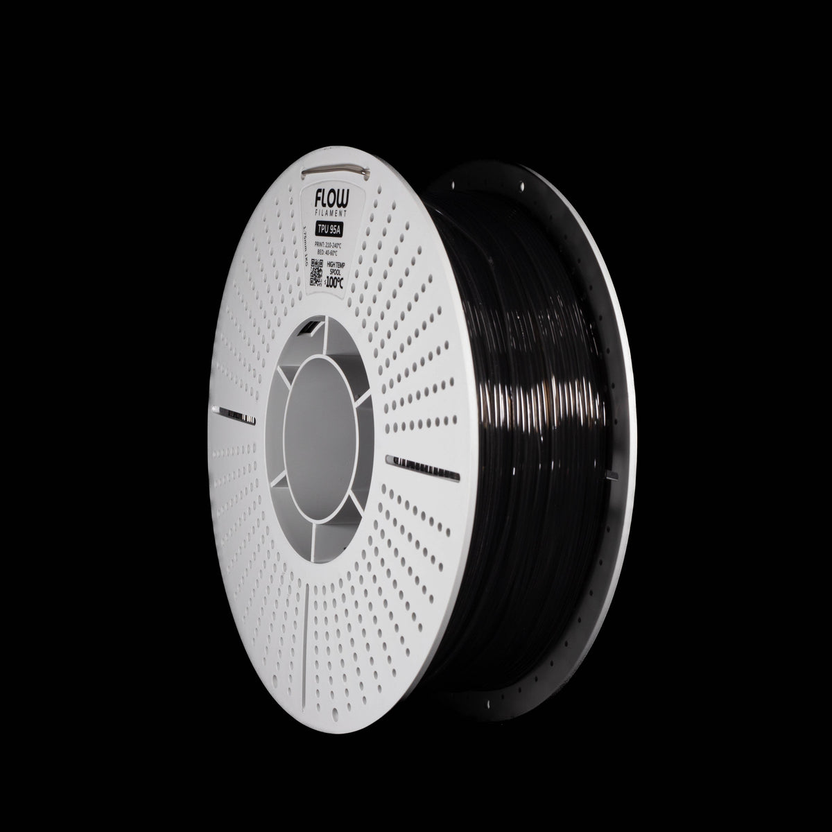 A spool of translucent grey 3D printing filament on a white perforated spool, shown against a solid black background. The brand name 'FLOW' is visible on the top of the spool.