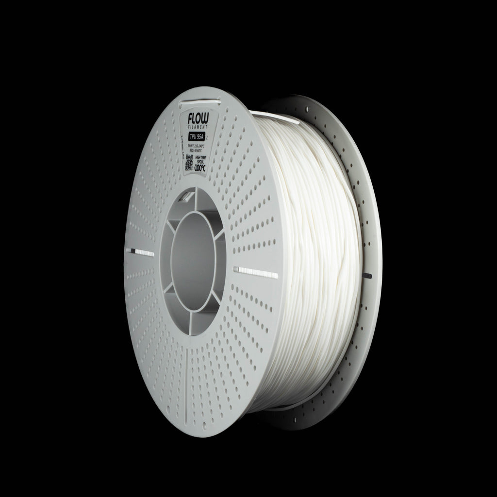 A spool of white 3D printing filament, branded FLOW on a white perforated spool, shown against a solid black background.