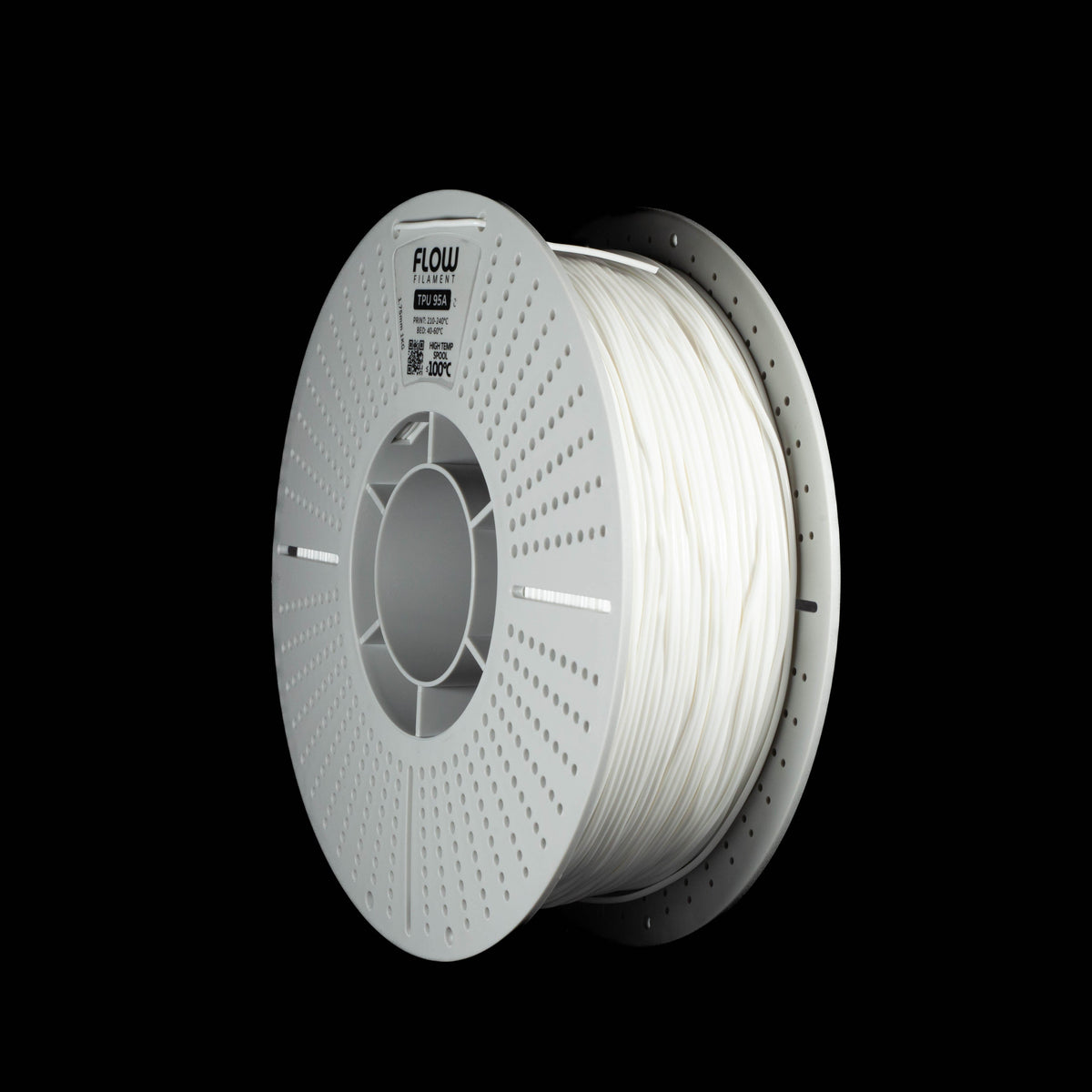 A spool of white 3D printing filament, branded FLOW on a white perforated spool, shown against a solid black background.