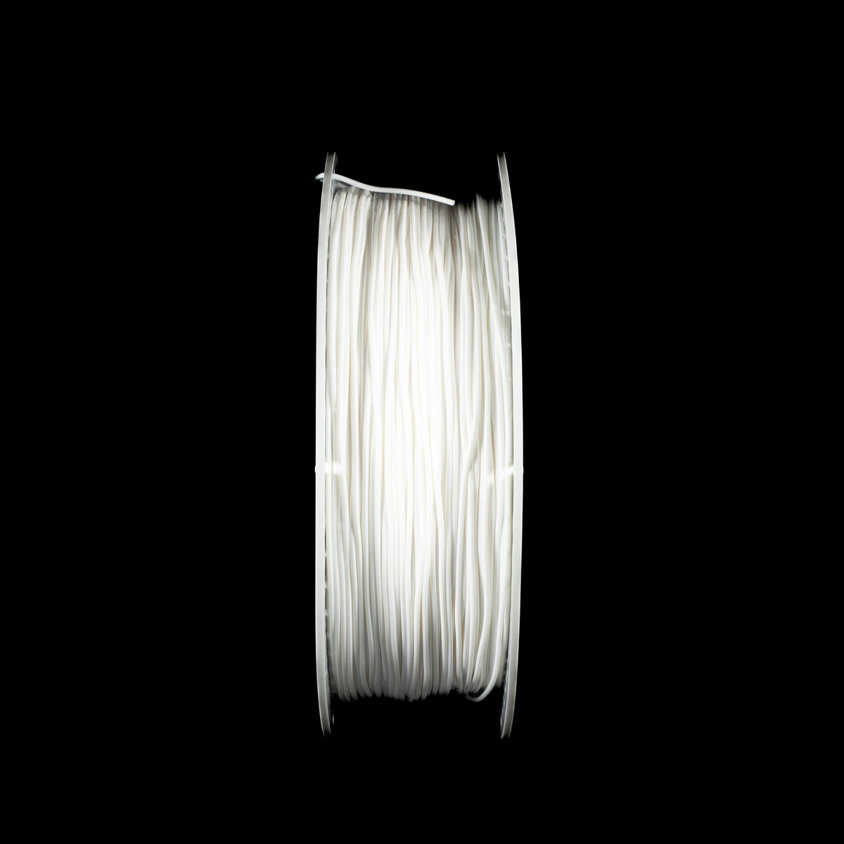 A spool of white 3D printing filament centered against a solid black background.