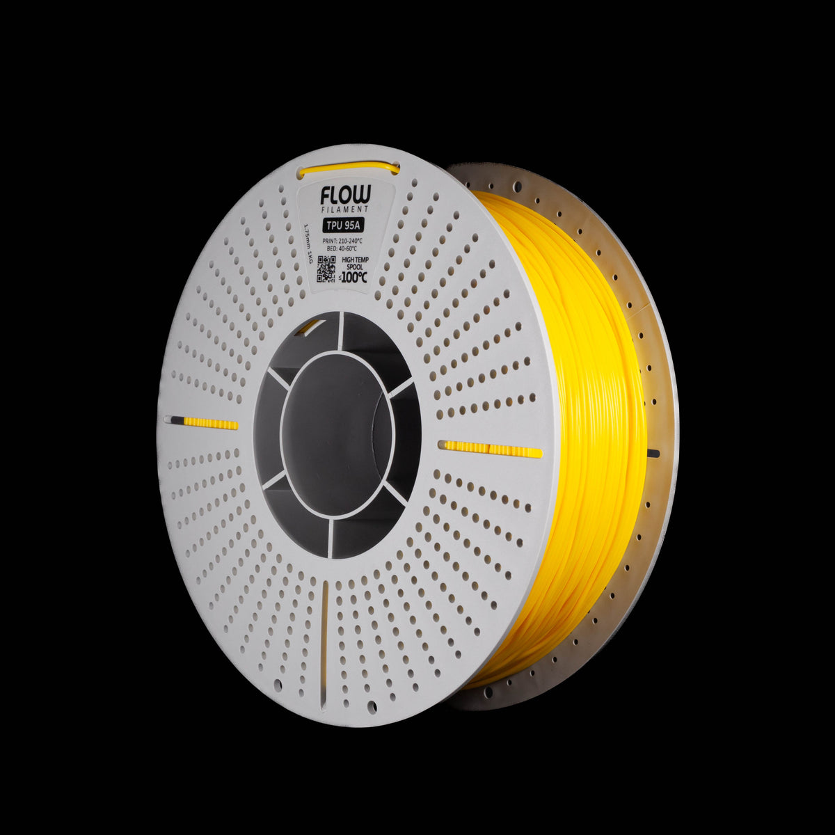 A spool of fluorescent yellow 3D printing filament on a black background, featuring a white perforated spool and a visible FLOW brand label.