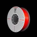 A spool of fluorescent bright red 3D printer filament on a black background, featuring a white perforated spool and the FLOW brand name printed on the top.