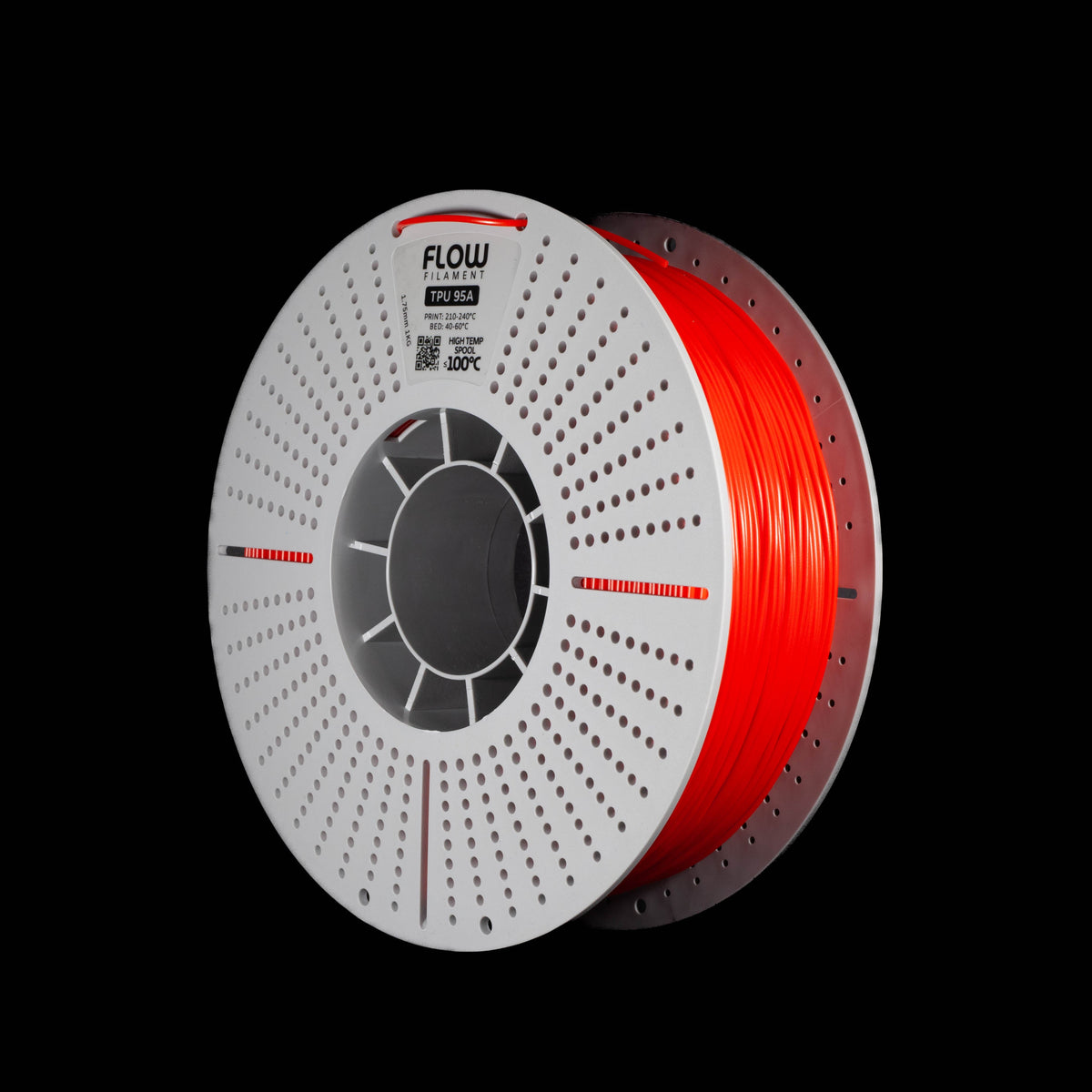 A spool of fluorescent bright red 3D printer filament on a black background, featuring a white perforated spool and the FLOW brand name printed on the top.