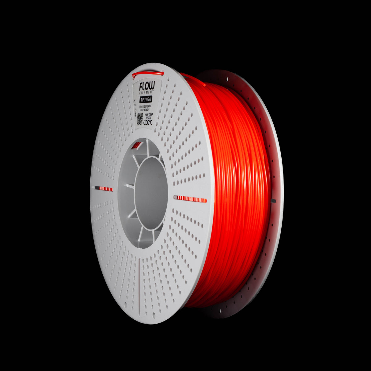 A spool of fluorescent bright red 3D printing filament on a white perforated spool, shown against a solid black background. The brand name 'FLOW' is visible on the top of the spool.