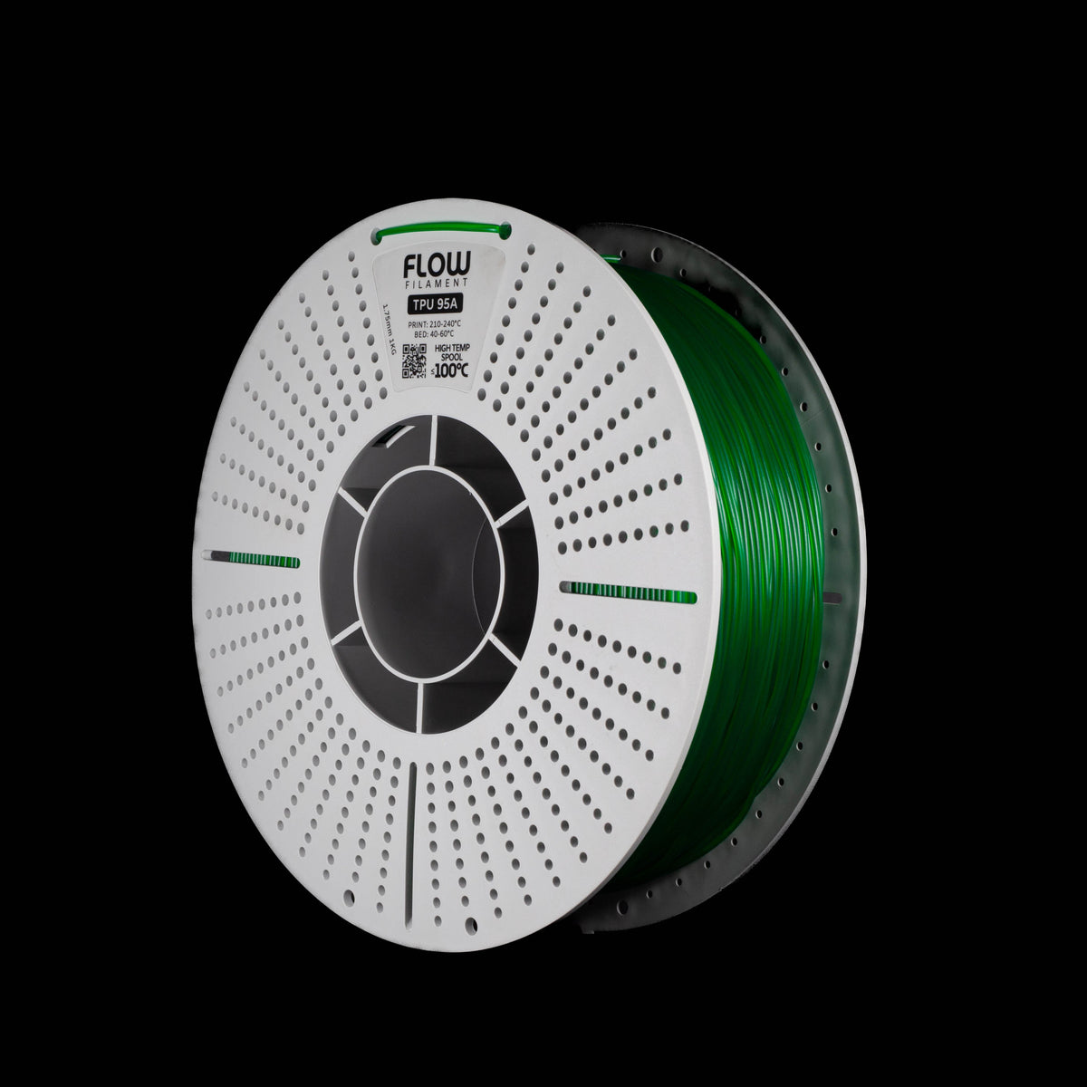 A spool of 3D printing filament in translucent emerald green on a black background, with the brand name FLOW visible on the top of the spool.