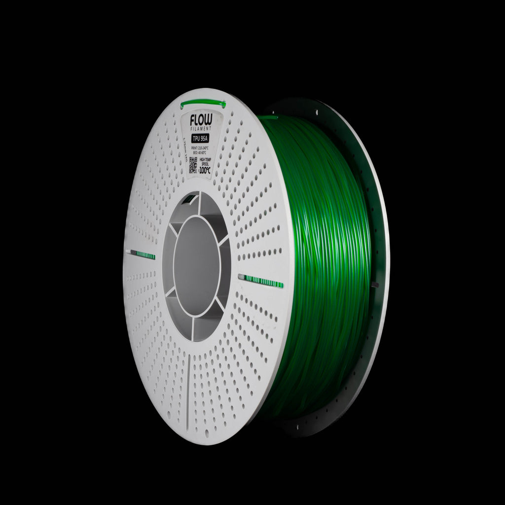 A spool of 3D printing filament in translucent emerald green on a black background, with the brand name FLOW visible on the top of the spool.