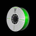A spool of transparent bright green 3D printer filament on a white spool, shown against a solid black background. The brand name 'FLOW' is visible on the top of the spool.