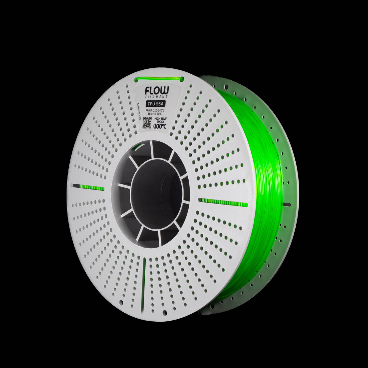 A spool of transparent bright green 3D printer filament on a white spool, shown against a solid black background. The brand name 'FLOW' is visible on the top of the spool.