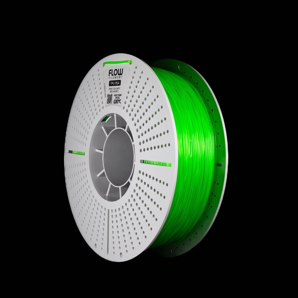 A spool of transparent bright green 3D printer filament on a white spool, shown against a solid black background. The brand name 'FLOW' is visible on the top of the spool.