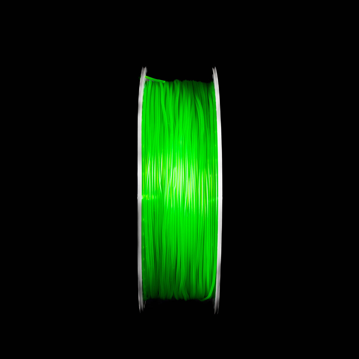 A spool of transparent bright green 3D printing filament, centered against a solid black background.