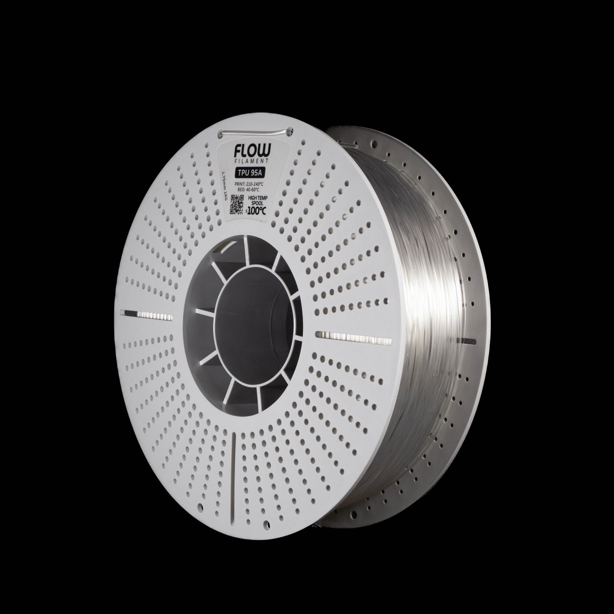 A spool of transparent filament on a white perforated spool, branded 'FLOW', shown on a solid black background.