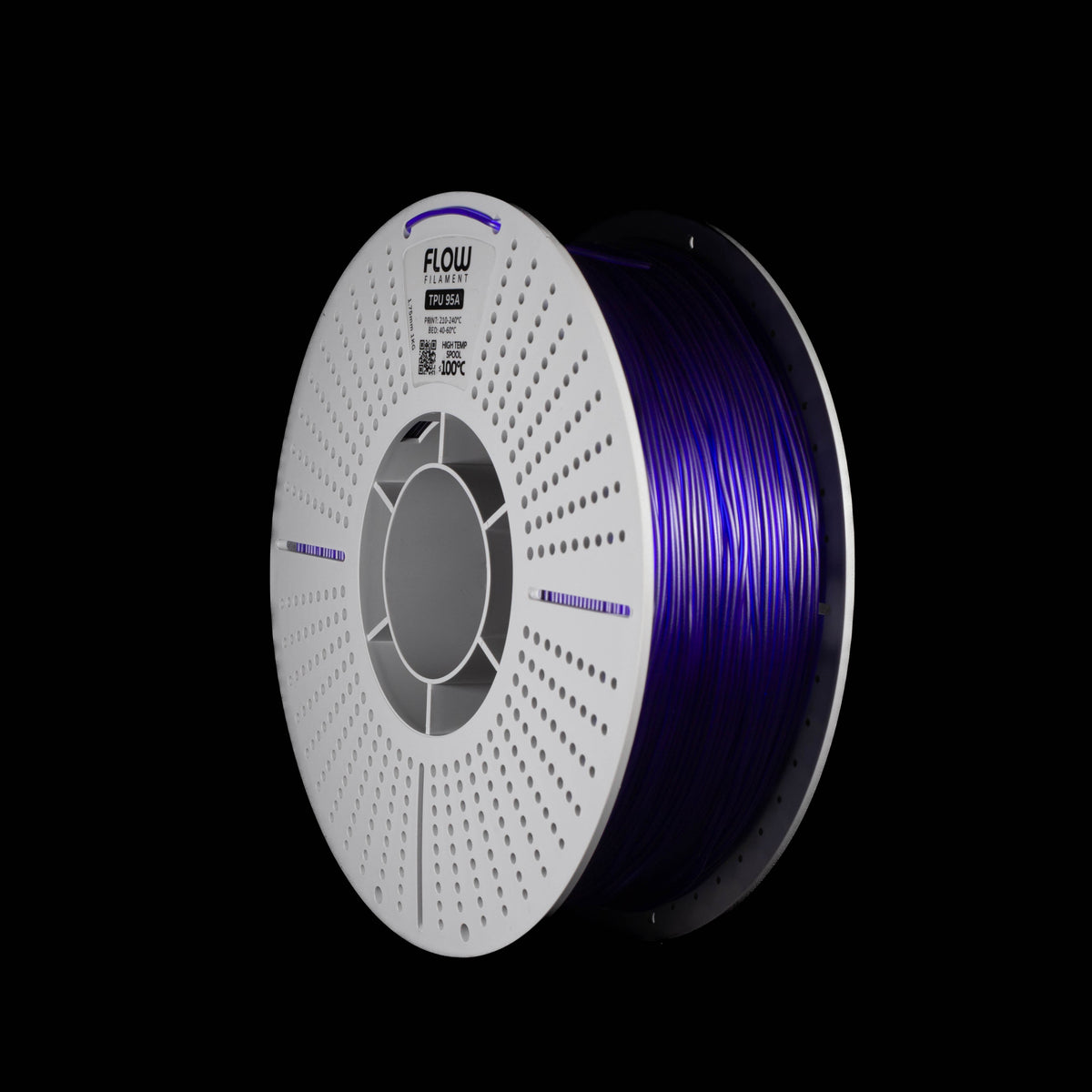 A spool of translucent purple 3D printer filament on a black background, with the brand name 'FLOW' visible on the top of the spool.