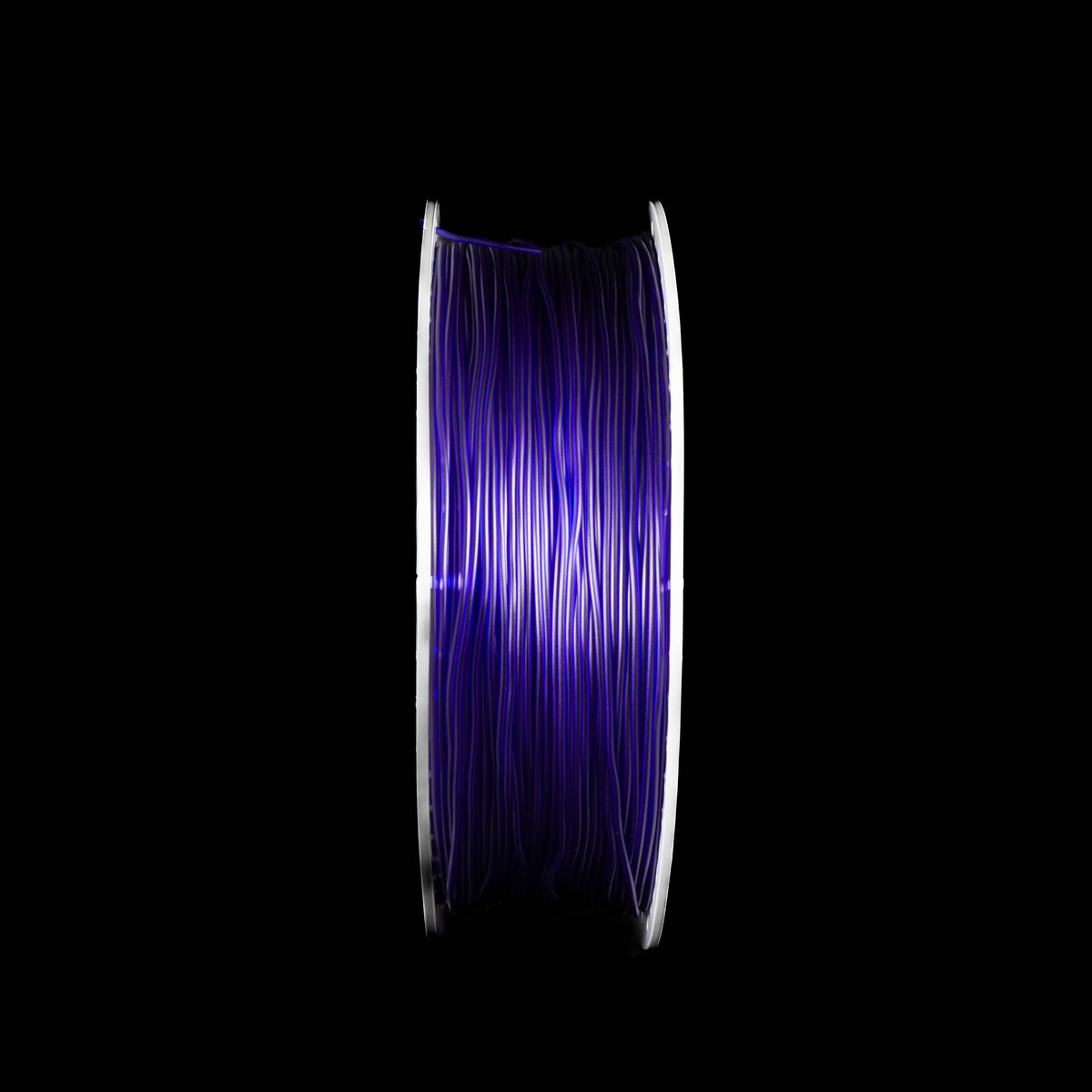 A spool of 3D printing filament wound tightly, showing a translucent vibrant purple color, set against a solid black background.