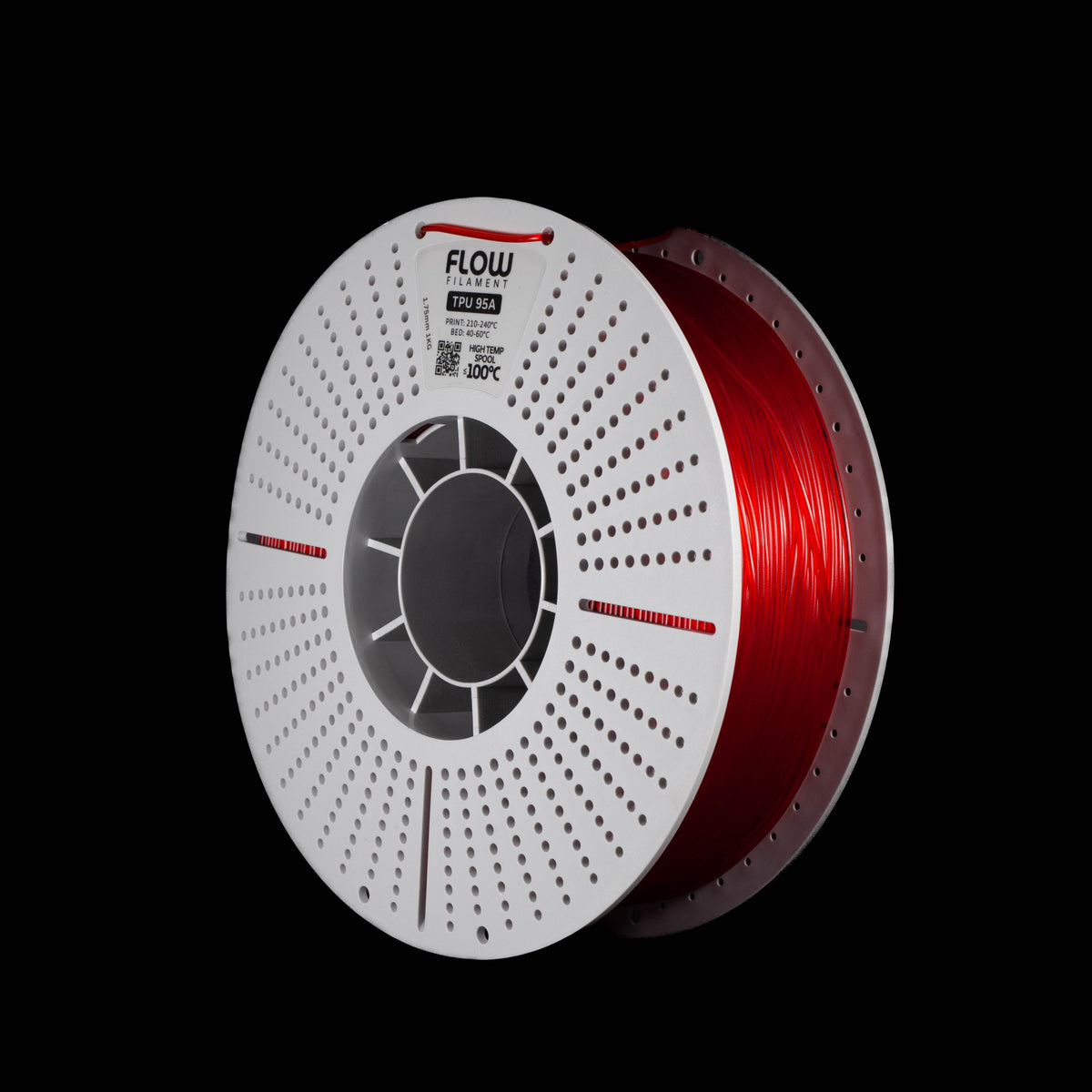 A spool of translucent red 3D printing filament on a black background, featuring a white perforated outer rim and the FLOW brand logo printed on the top.