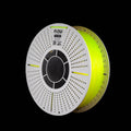 A spool of 3D printing filament in translucent Yellow on a black background, with the brand name FLOW visible on the top of the spool.