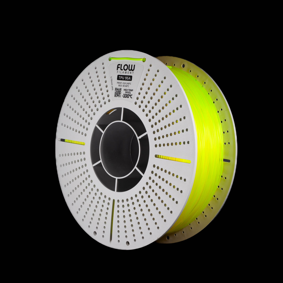 A spool of 3D printing filament in translucent Yellow on a black background, with the brand name FLOW visible on the top of the spool.