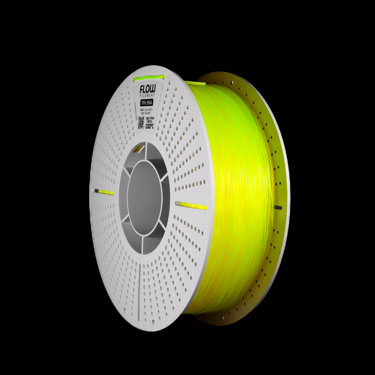 A spool of translucent yellow 3D printer filament on a solid black background. The spool is white perforated spool and features the brand name 'flow' printed on the top.