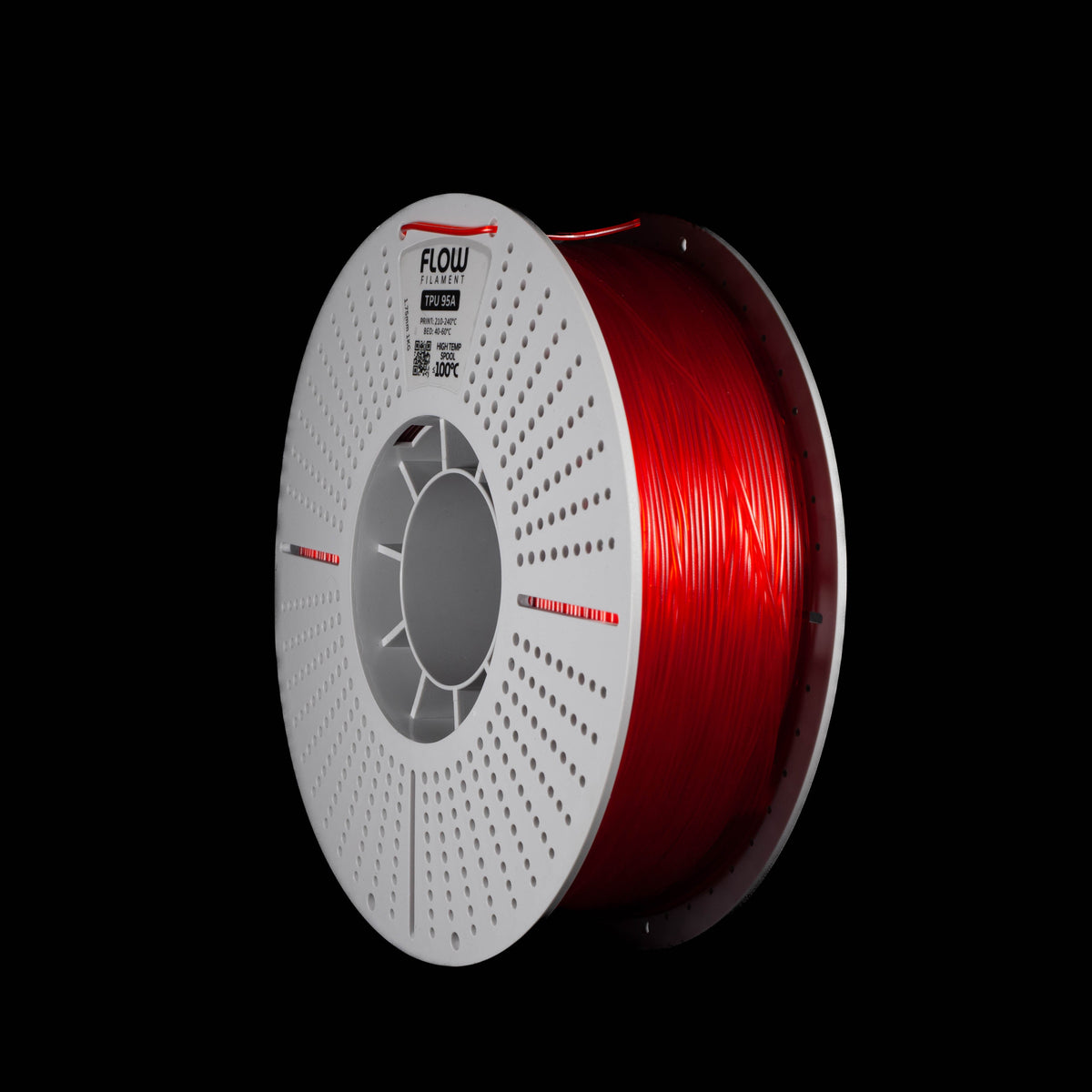 A spool of translucent red 3D printing filament on a black background, featuring a white perforated spool and the FLOW brand logo printed on the top.