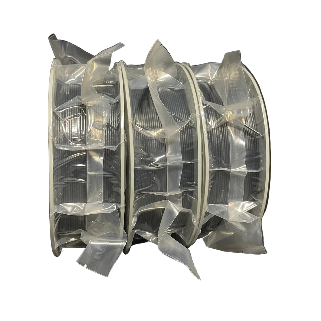 Three rolls of 3d printing filamanets stacked vertically, wrapped in protective plastic packaging.