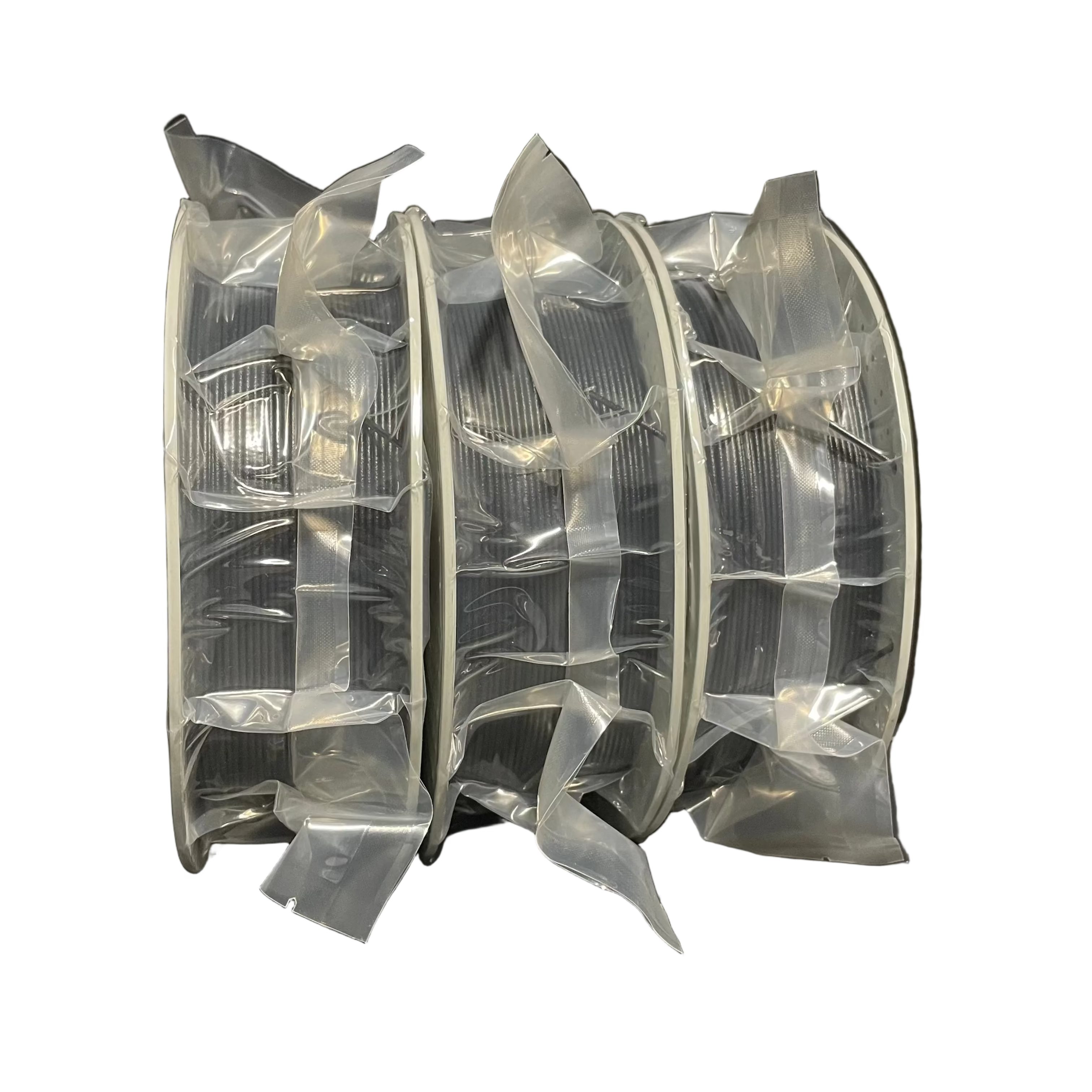 Three rolls of 3d printing filamanets stacked vertically, wrapped in protective plastic packaging.